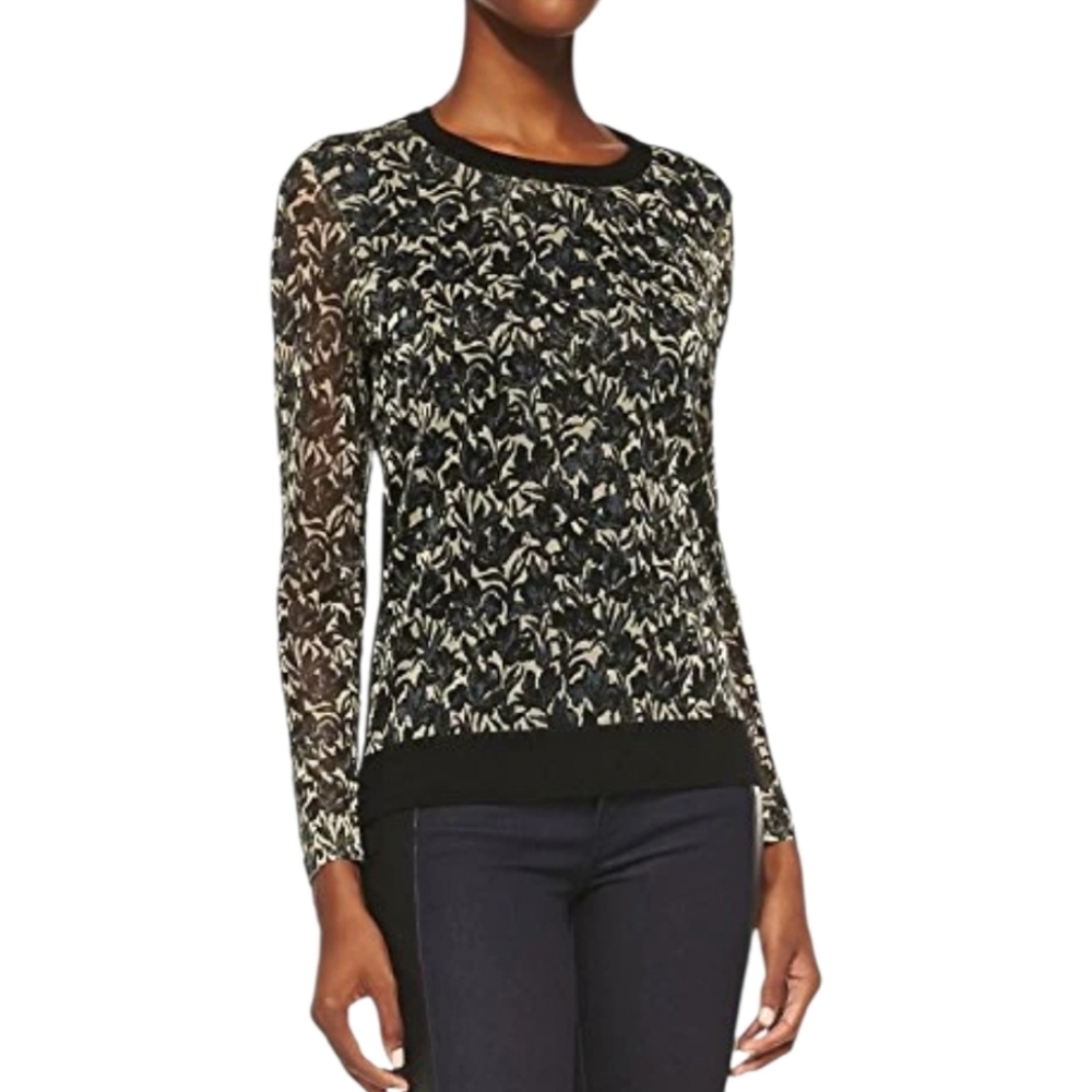TORY BURCH HONOUR METALLIC-PRINT JACQUARD & KNIT SWEATER - Size Small